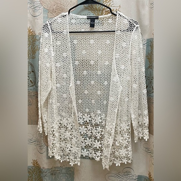 Alfani Womens Solid White Open Large Knit Crochet Lace Pattern Cardigan Coat EUC - Picture 3 of 14